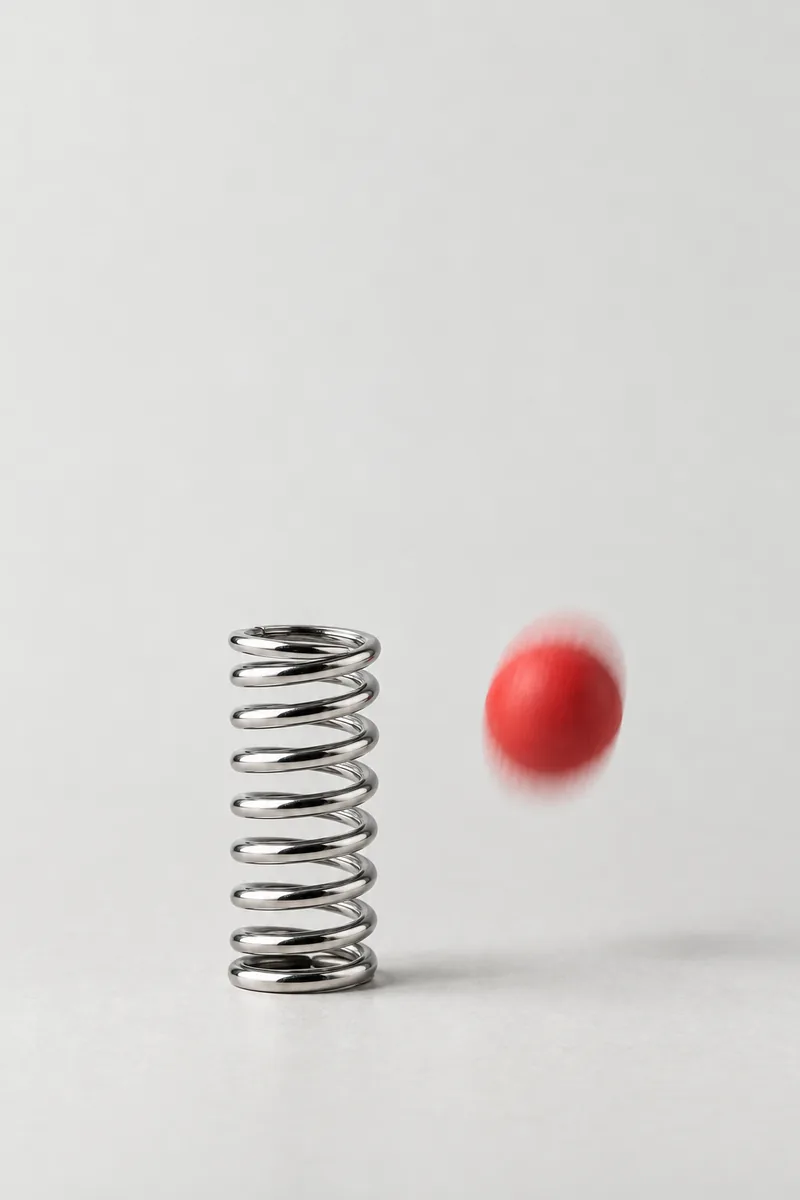 A chrome spring beside a bouncing red ball